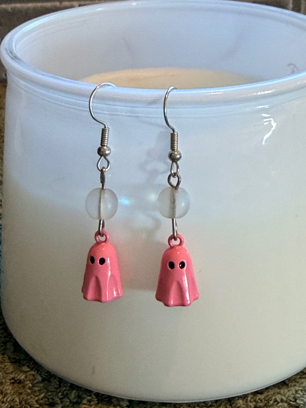 Pink Ghost Dangle Earrings with Frosted Bead